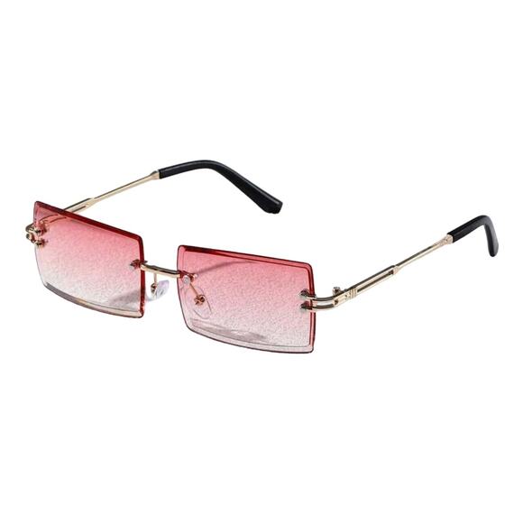 VINTAGE Rimless Rectangular Pink Tinted Fashion Sunglasses Gold Frame Unisex NEW - Picture 2 of 8